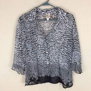 JM Collection Petite Semi-Sheer Black and White Print Blouse Top Size PL